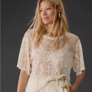 Anthropologie short-sleeve embroidered mesh top cream S M Fairycore romance